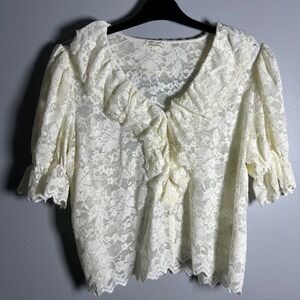 Ultra Pink Lace Bow Neck Flutter Sleeve Blouse Top Cream Ivory M
